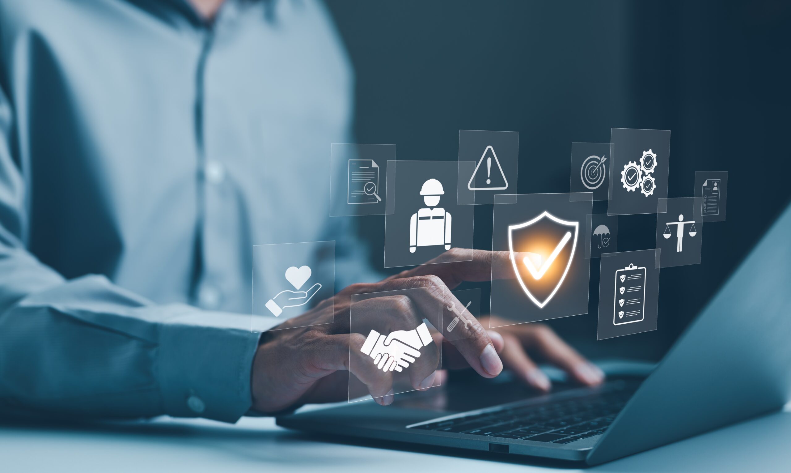 Work,Safety,And,Compliance,Concepts.,Businessman,Typing,On,Laptop,With